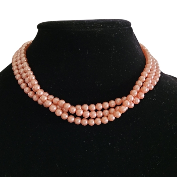 Vintage - 1950's Pink Pearl Triple Strand Necklace - Picture 1 of 5